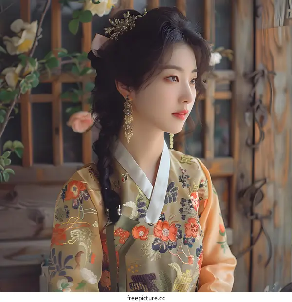 Portrait of a beautiful young woman in traditional Korean dress, or Hanbok