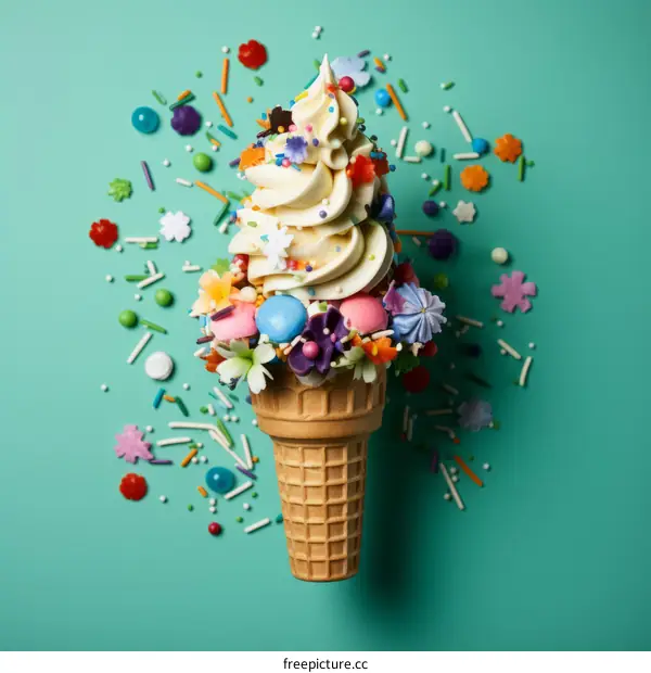Colorful Ice Cream Cone with Sprinkles and Flowers