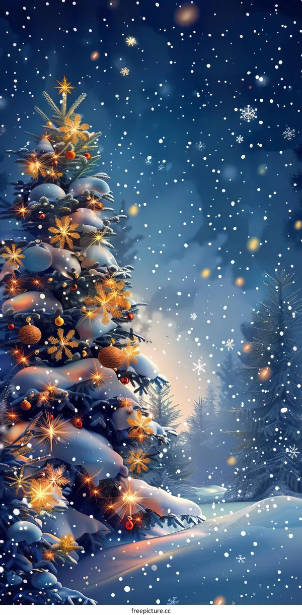 Christmas Tree Lights Up Winter Night