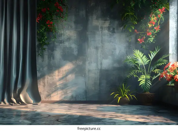 Sunlight streaming into the room, illuminating plants and flowers