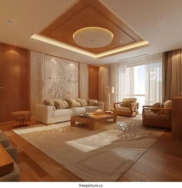 Modern Living Room Interior Design With Wooden Ceiling and Floor