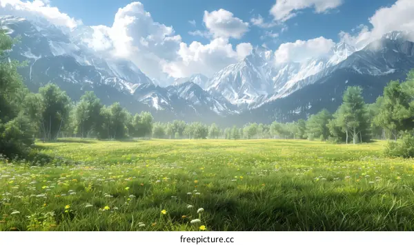 Alpine Meadow with Snow-Capped Peaks