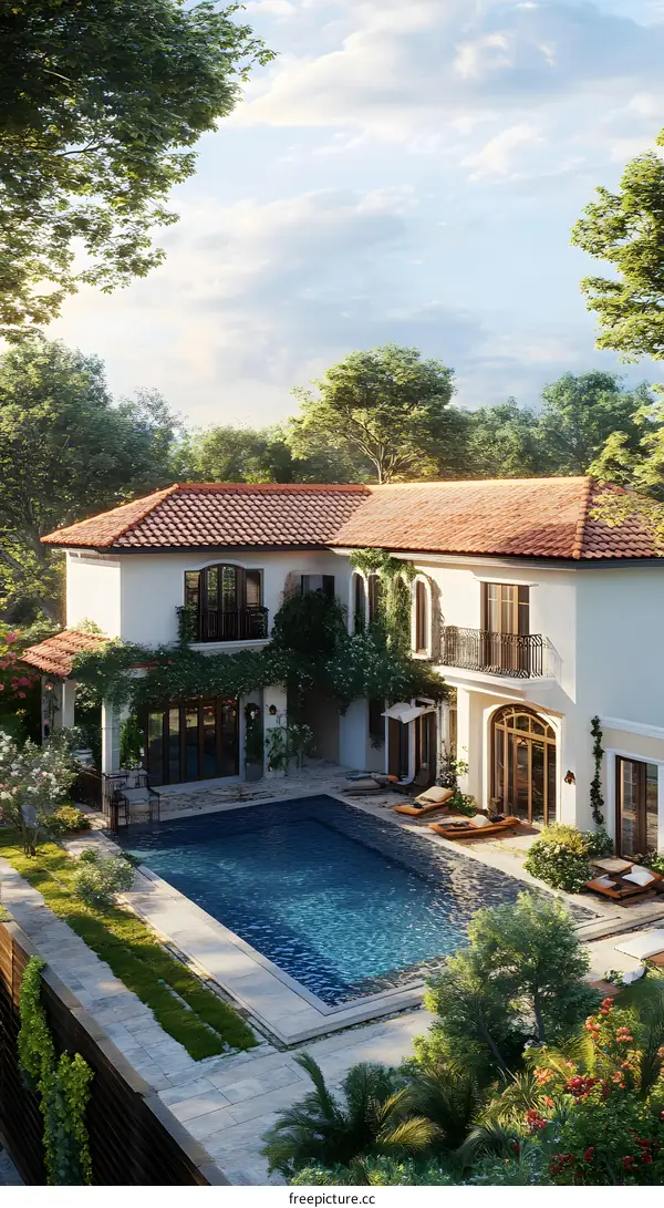 Mediterranean Style Villa with Swimming Pool and Lush Greenery