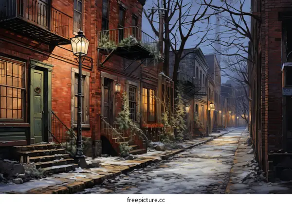 Snowy Victorian Townhouses on a City Night