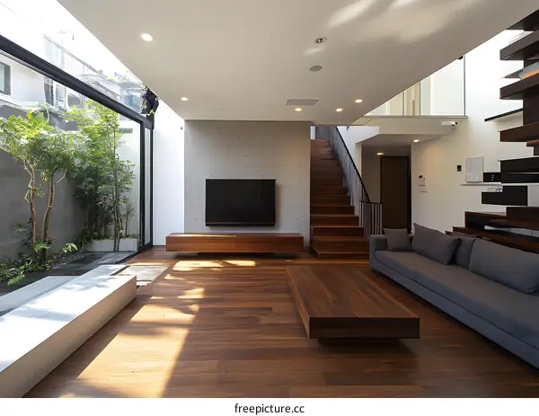 Modern Living Room With Wooden Floor And Large Window