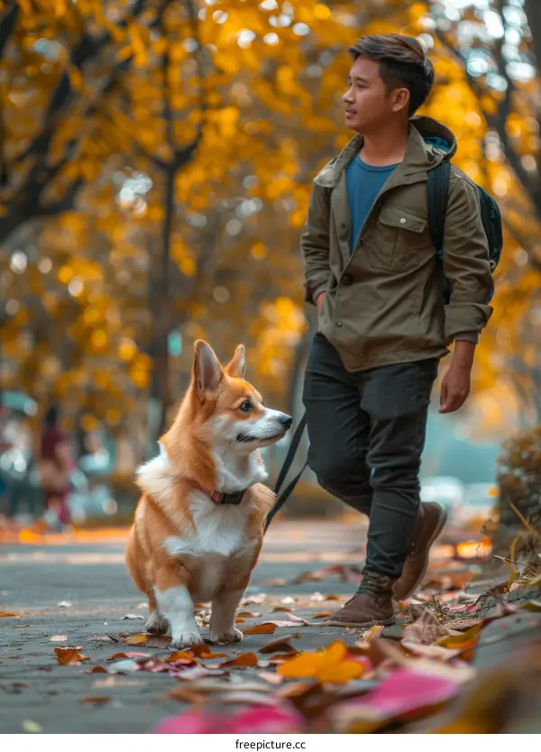 A man walking his corgi dog in the park