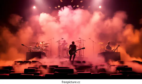 Rock band performing on stage with red smoke in the background