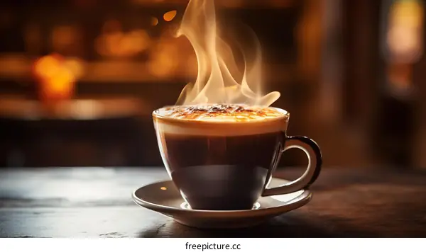 Aromatic hot coffee in a ceramic cup on a saucer