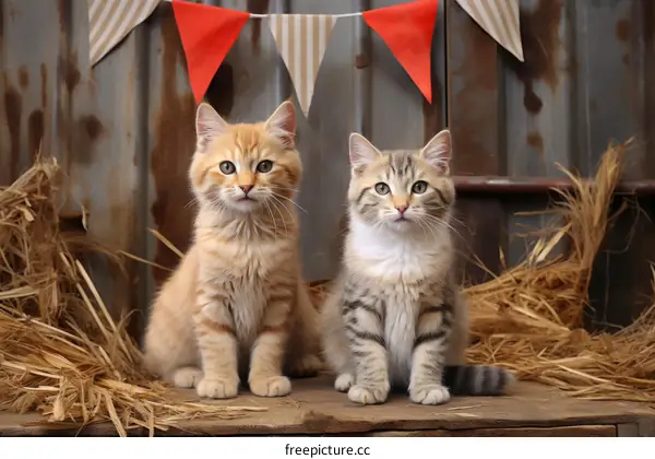Two cute kittens sitting on a wooden box in a barn