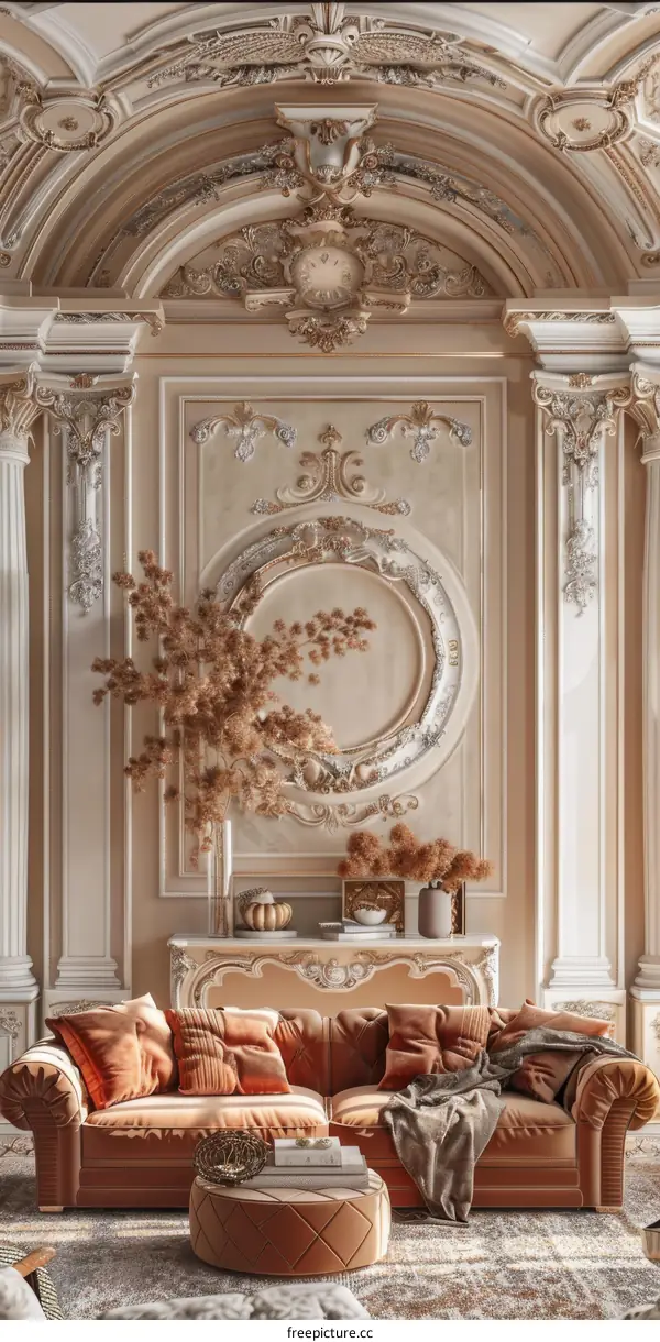 Luxurious European Living Room with Fireplace and Elaborate Moldings