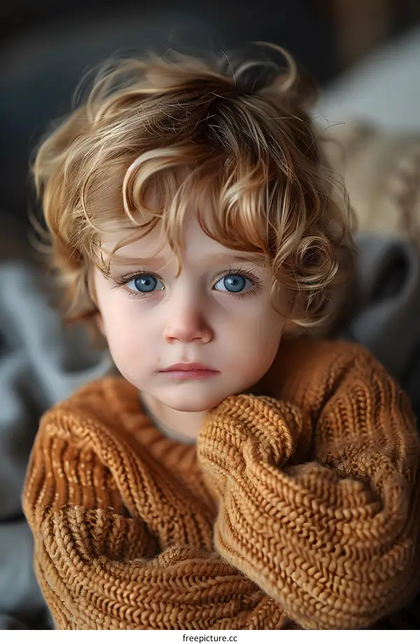 Portrait of a cute blonde toddler boy with blue eyes