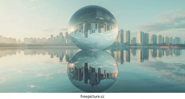 A Glass Ball with Cityscape Reflection in Water