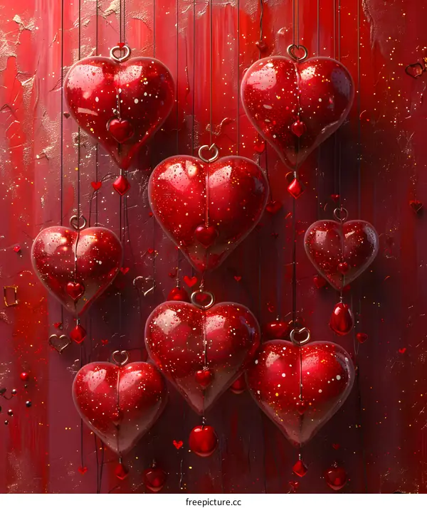 A picture of red background with many red heart-shaped ornaments hanging on strings