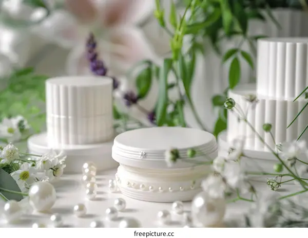 White podium with pearls and flowers