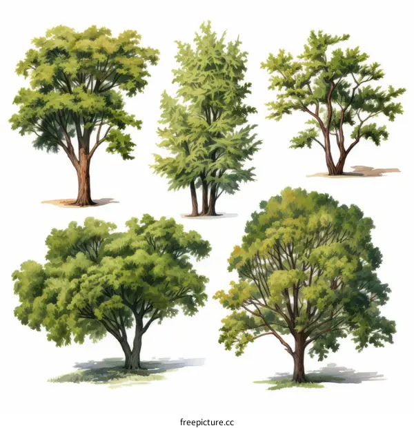 watercolor painting of different types of trees