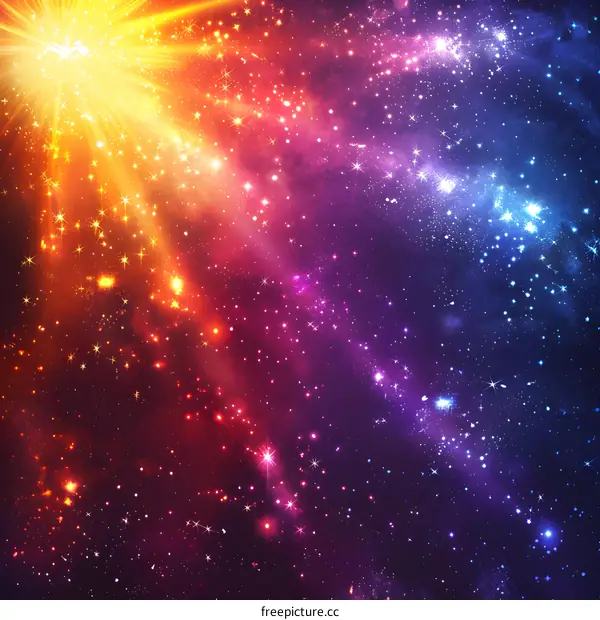 Colorful abstract glowing stars and light rays in space