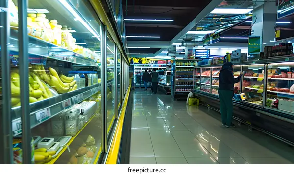 Supermarket Aisle with Yellow Bananas and a Woman Shopping