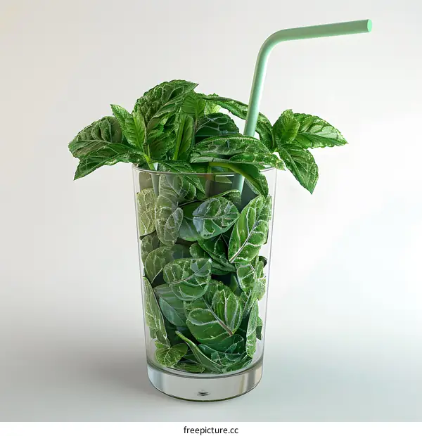 Fresh Mint Leaves in Glass with Straw