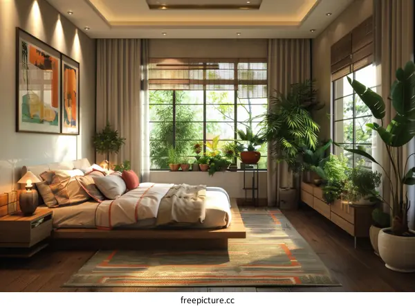 Modern Bedroom with Lush Greenery and Natural Light