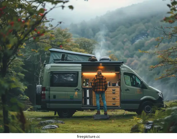 Man standing outside of his camper van in the woods cooking