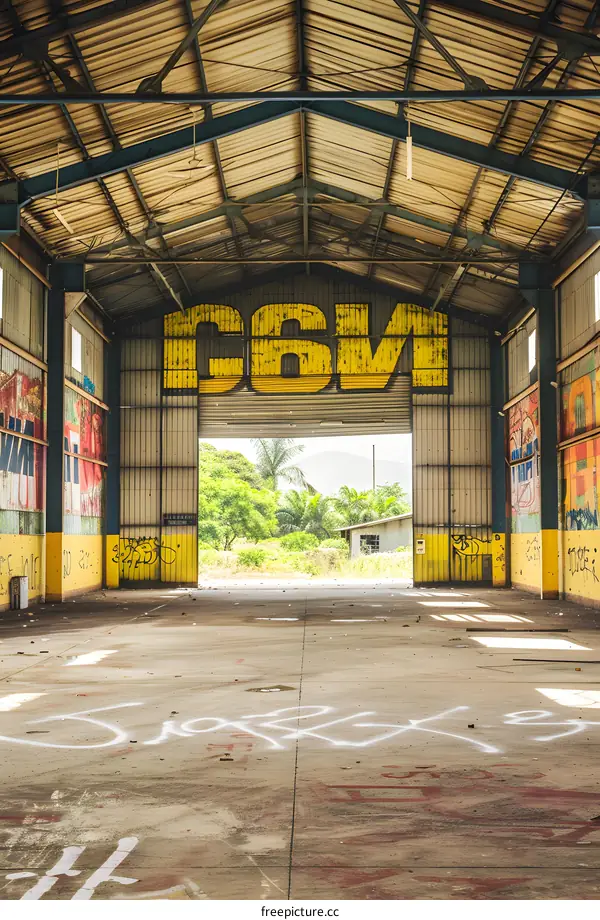 Abandoned Warehouse with Graffiti and Yellow Sign