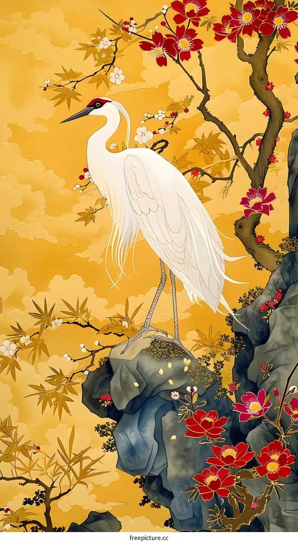 White Egret Standing on Rock with Cherry Blossoms