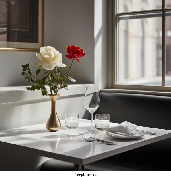 Elegant Table Setting with Flowers and Wine Glasses