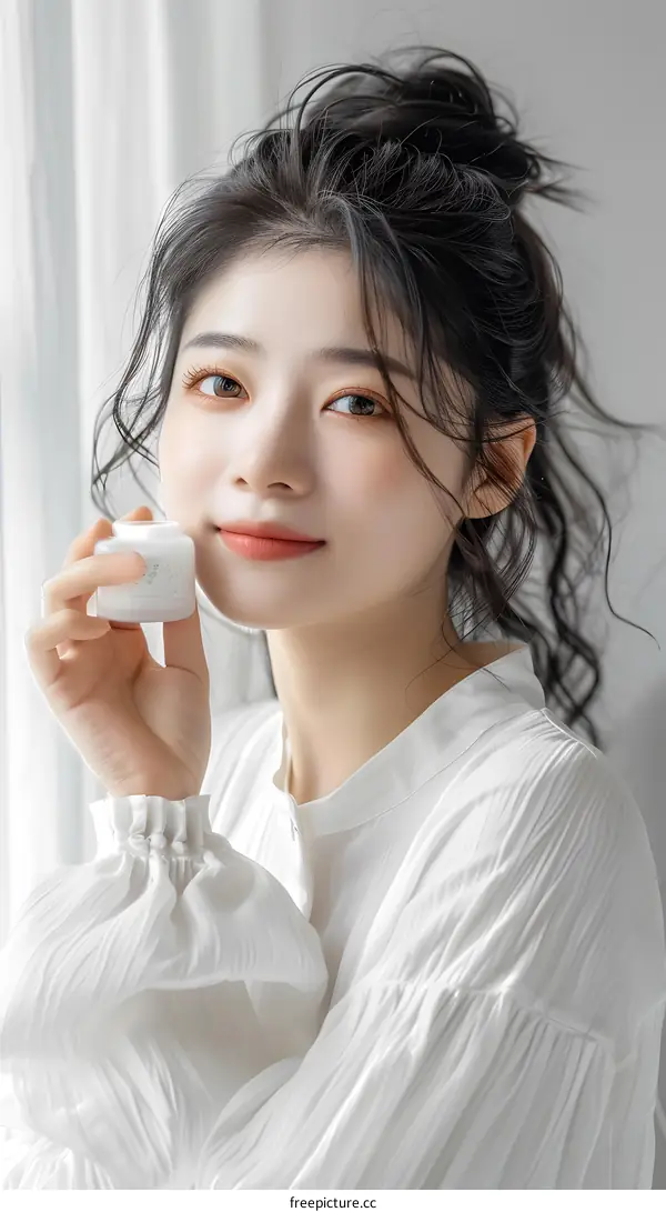 Young Asian Woman Holding Skincare Product With White Background