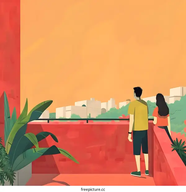 Couple Looking at Cityscape From Balcony Illustration