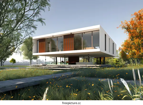 Modern House with Glass Windows and Wooden Deck