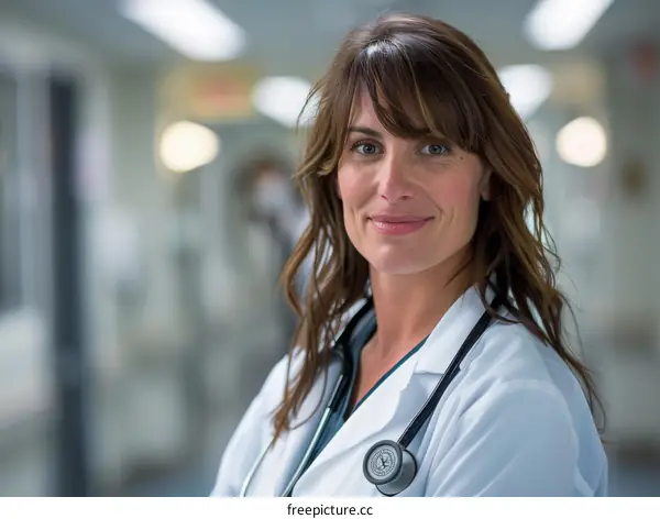 Portrait of a smiling female doctor in a hospital hallway