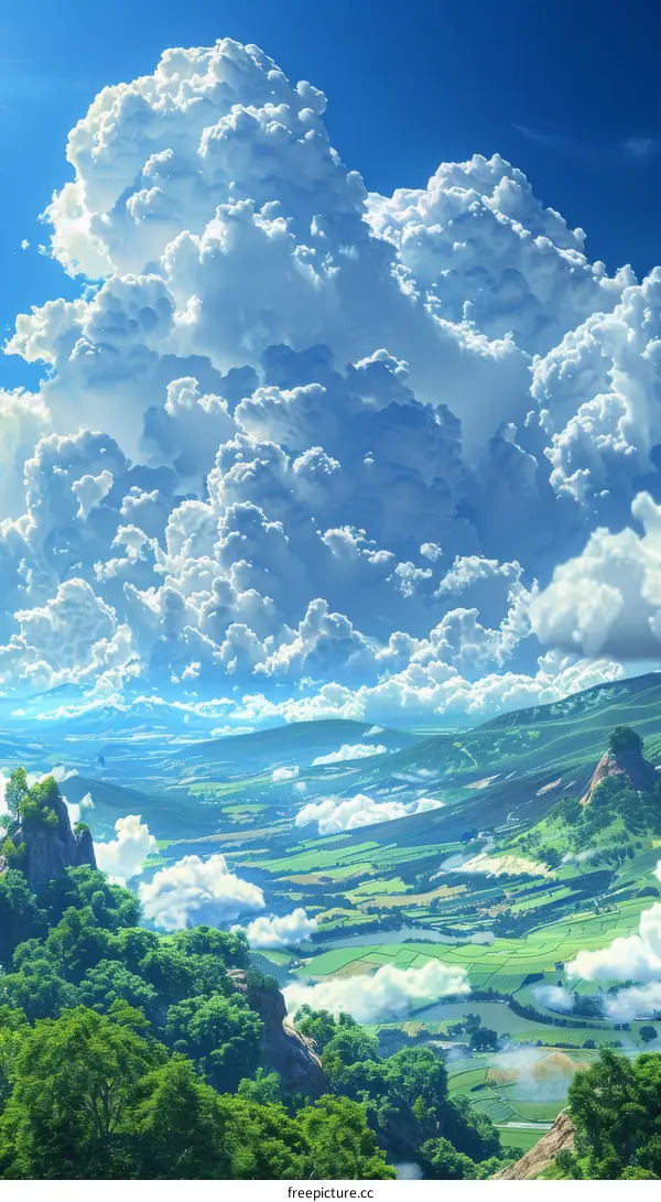 The vast sky is full of white clouds and green mountains