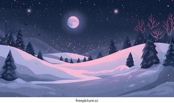 Snowy Night Landscape with Full Moon