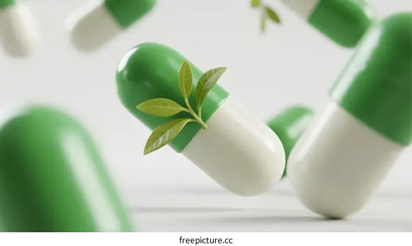 Green and White Pills with Fresh Plant Sprouts in Center