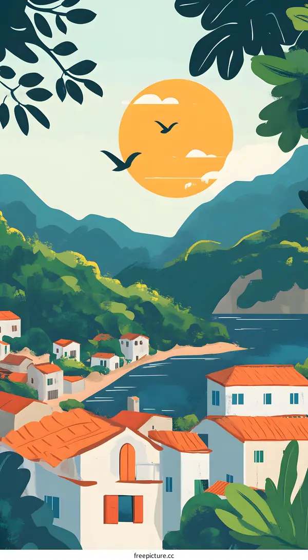 Mediterranean Village Summer Landscape Illustration