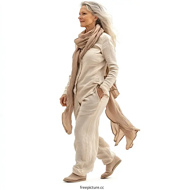 Elegant Senior Woman in Beige Linen Outfit