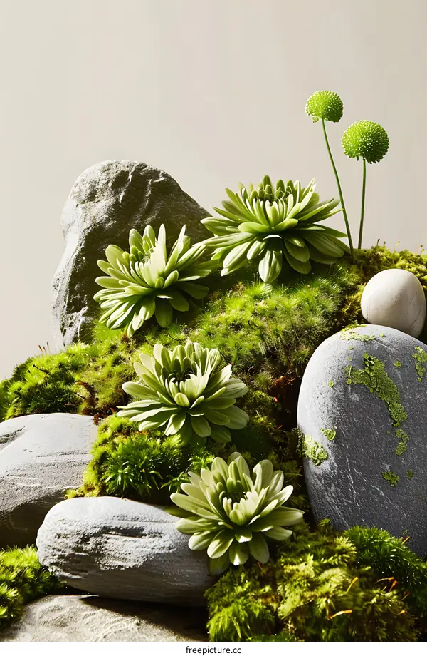 Green Flowers on Moss and Rocks