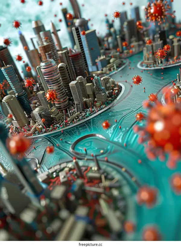 3D illustration of a city under coronavirus attack