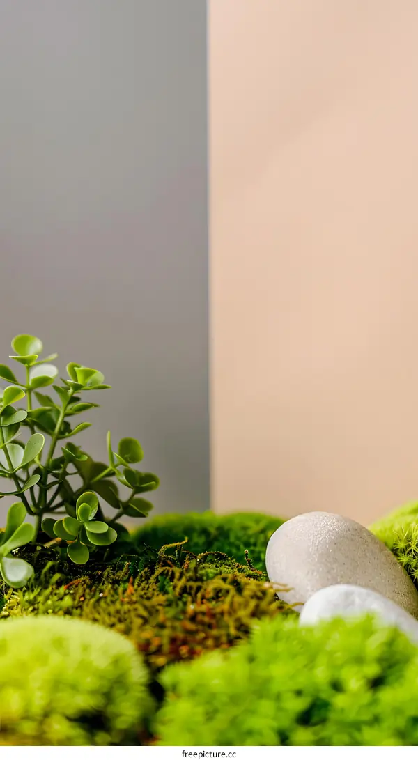 Green Moss with Small Plant and Stones on Gray and Brown Background
