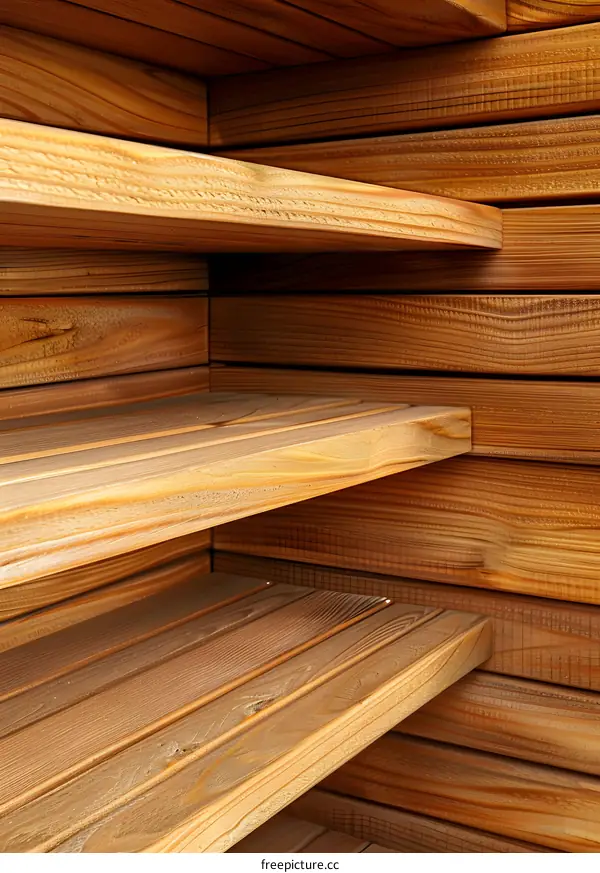 Close Up Of Wooden Shelves In A Corner