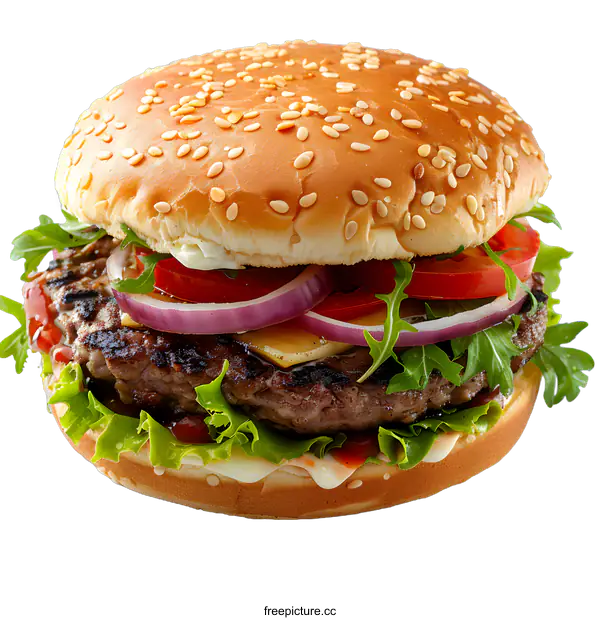 [Transparent Background PNG]A delicious beef burger with lettuce, tomato, onion, and cheese.