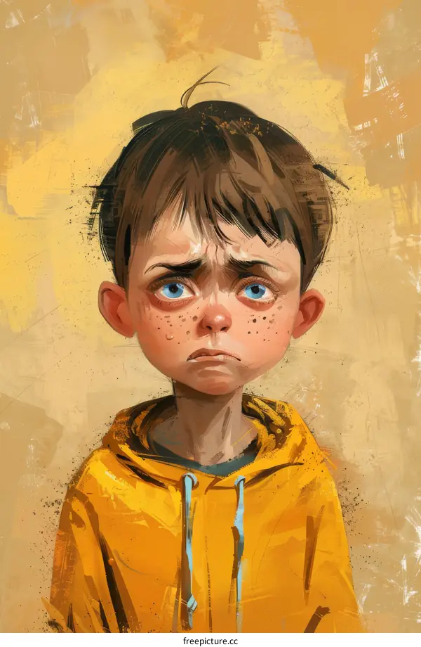 sad boy with freckles wearing yellow hoodie