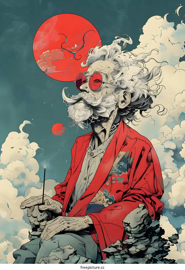Red Moon and Elderly Man with Long White Hair Wearing Red Coat and Sunglasses