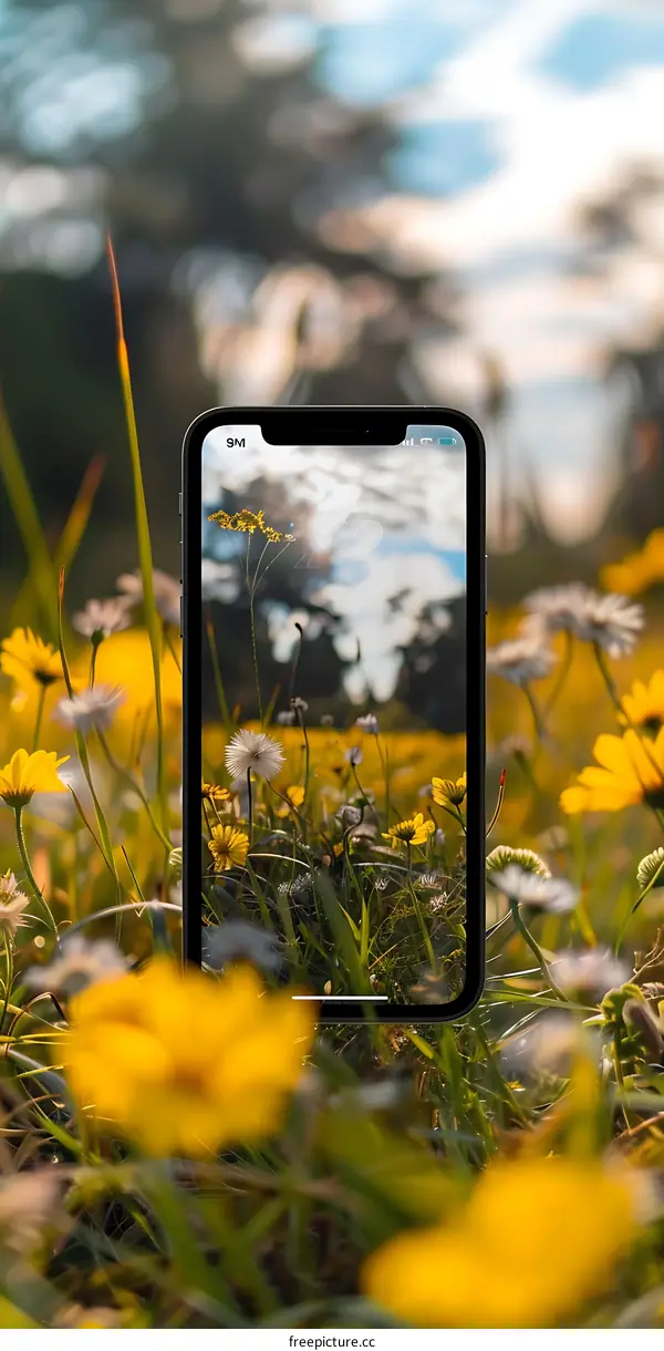 A Phone Screen Showing A Field Of Flowers