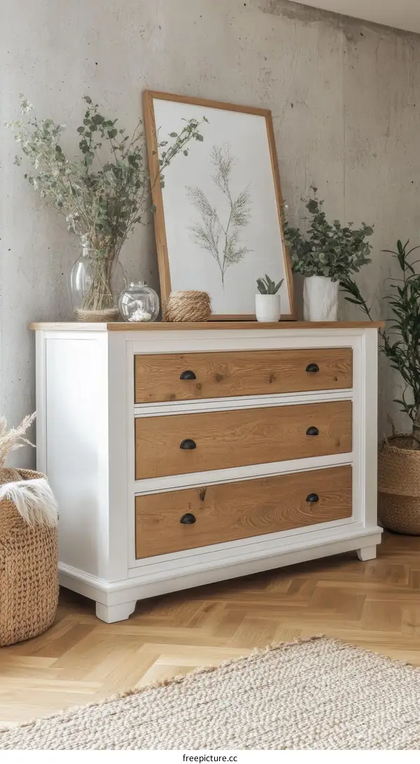 White Wooden Chest of Drawers with Plants and Artwork