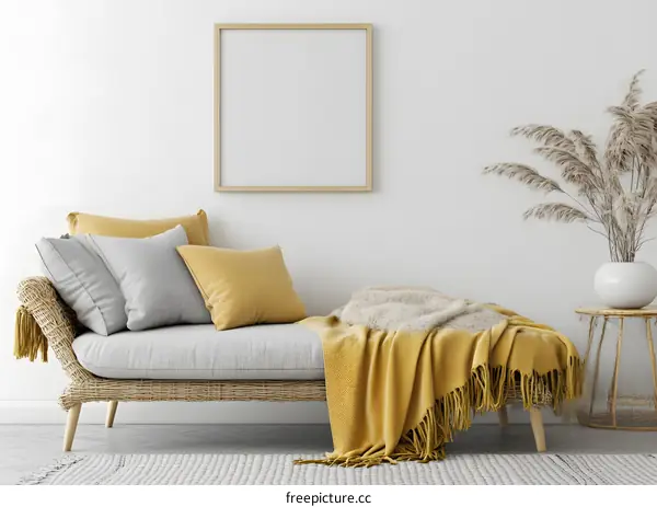 Minimalist Living Room with Yellow Blanket and Cushions