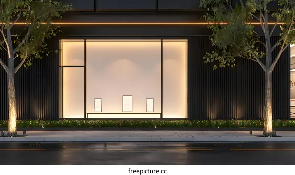 Minimalist Store Front with Trees and Lights at Night
