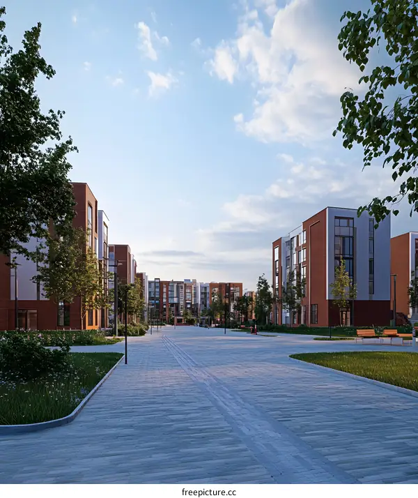 Modern Residential Buildings with Green Landscape and Paved Walkway