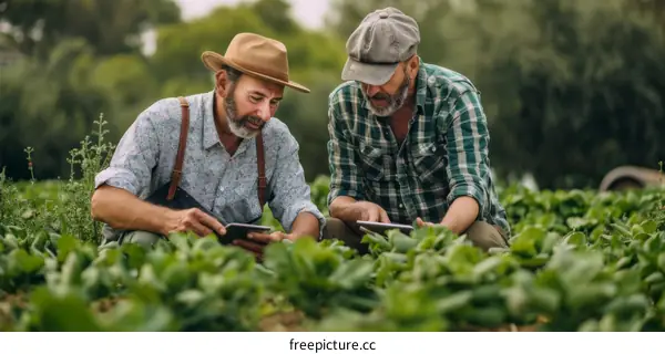 Two farmers are using tablets in a field of crops