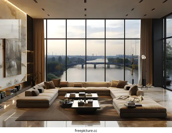 Modern living room interior with panoramic city view